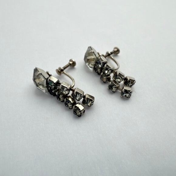 Vintage 30s Art Deco Rhinestone Earrings Silver Tone Screw Back Cascade - Picture 1 of 7